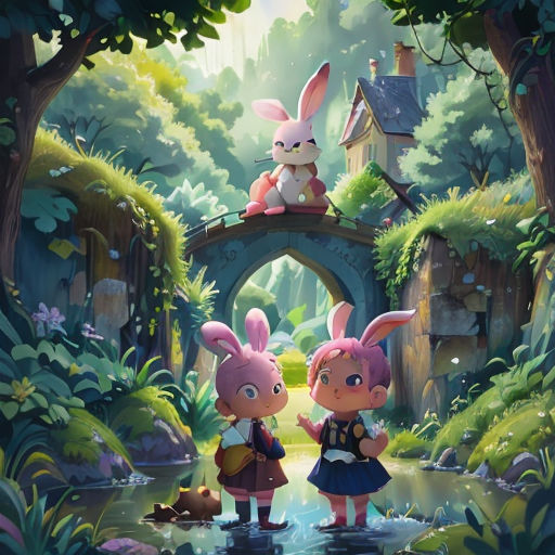 two rabbits are standing in the woods by a bridge and a house with a rabbit on top of it