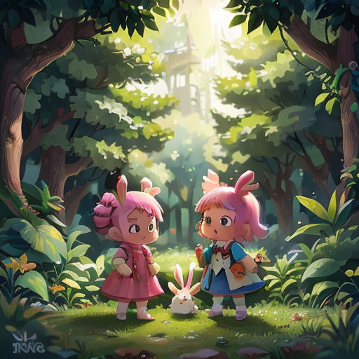 two little girls in a forest with a bunny rabbit in front of them, with a castle in the background