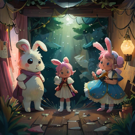 a group of little girls standing next to a bunny in a forest with a rabbit in the doorway and a rabbit in the doorway