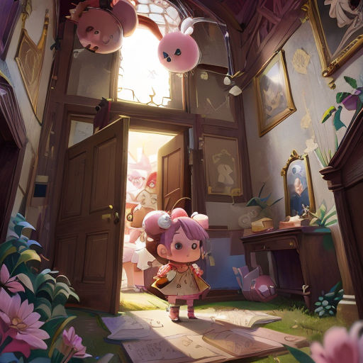 a girl standing in a doorway of a house with a bunch of balloons hanging from the ceiling and a cat on the floor