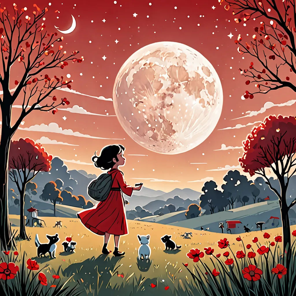 a woman in a red dress is walking her dogs in a field with a full moon in the background, fantasy art, a storybook illustration, Colin Middleton, storybook illustration