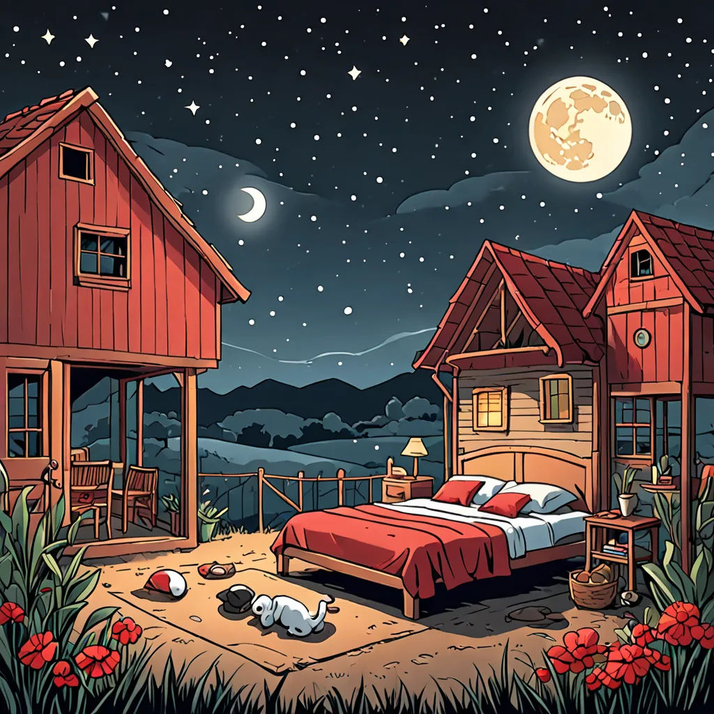 a bed and a night sky with a full moon and stars above it and a dog laying on the ground, sots art, a storybook illustration, Atey Ghailan, storybook illustration