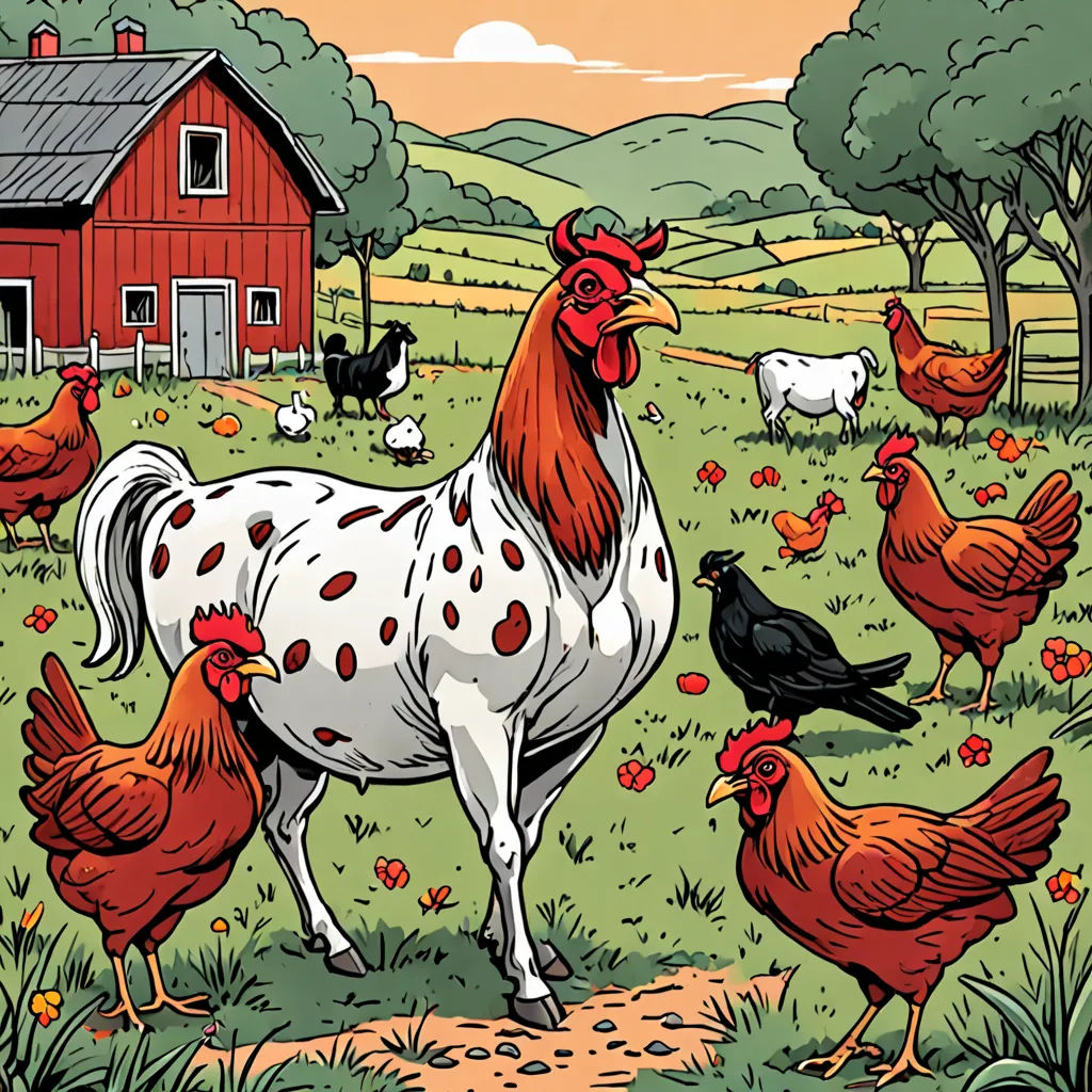 a chicken and some chickens in a field near a barn and a red barn with a red roof and a red and white rooster, regionalism, a storybook illustration, Chris LaBrooy, detailed illustration