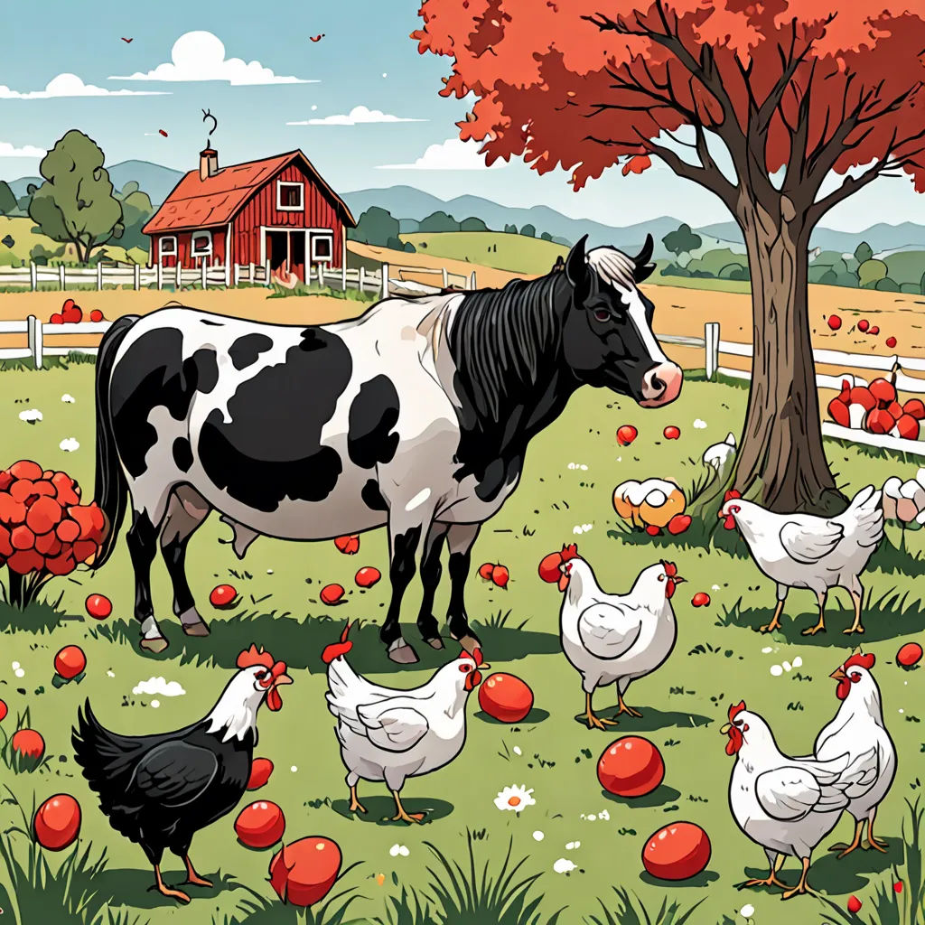 a cow and chickens are in a field with apples and a tree and a barn in the background with a red tree, context art, a storybook illustration, Chris LaBrooy, detailed illustration