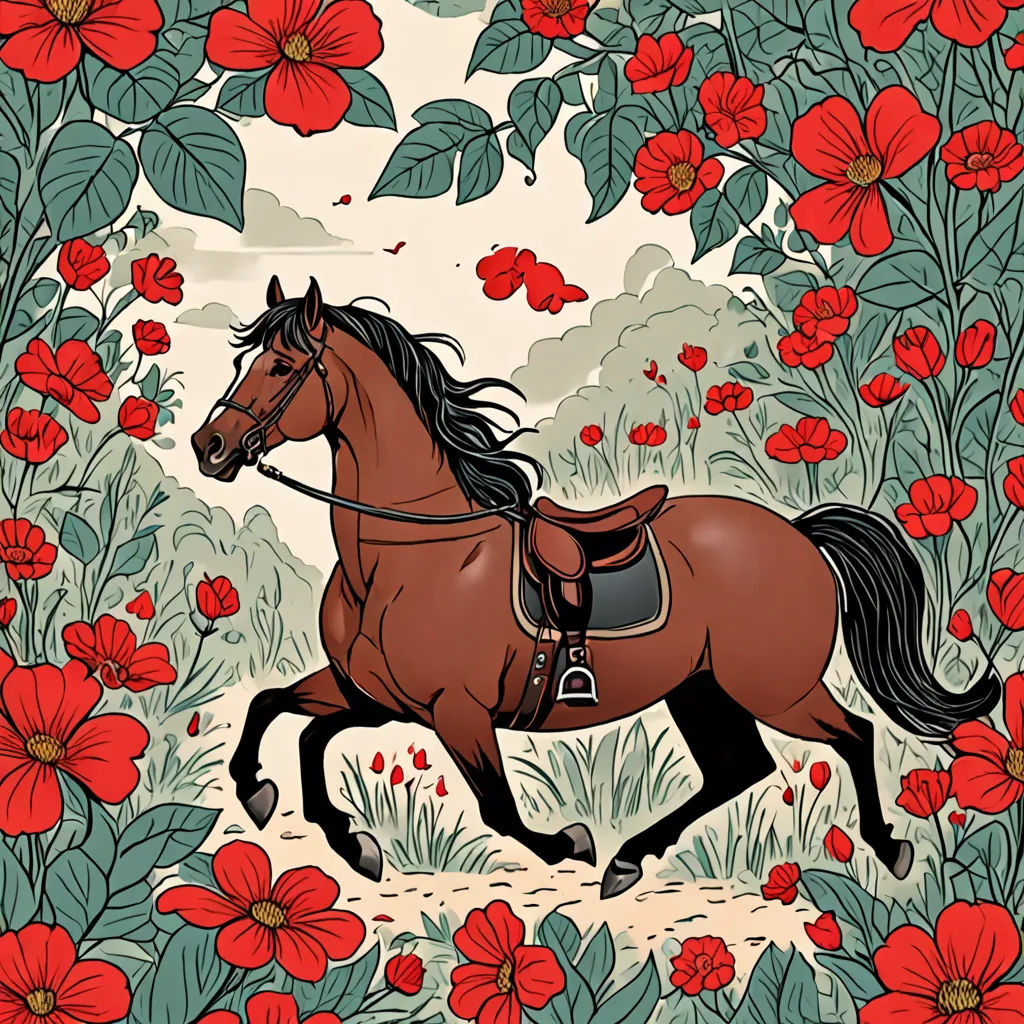 a horse running through a field of flowers and trees with red flowers in the background and a sky with clouds, fantasy art, a storybook illustration, Claire Hummel, high detail illustration