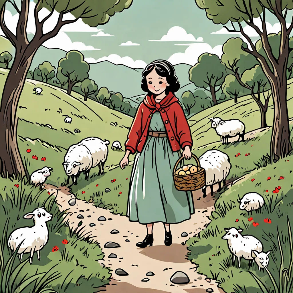 a woman in a red sweater and a basket of eggs walking down a path with sheep in the background, synthetism, a storybook illustration, Clarice Beckett, comic cover art