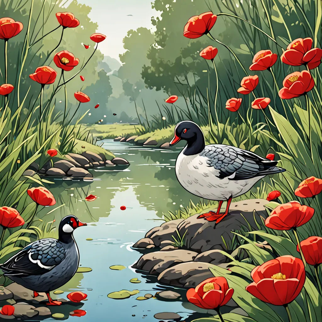 a couple of birds standing on top of a river next to a lush green field with red flowers and a small stream, environmental art, a storybook illustration, Dan Mumford, high detail illustration