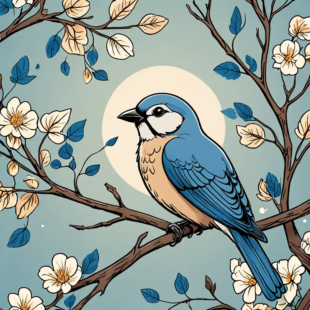 a blue bird sitting on a branch with white flowers and a full moon in the background with blue sky, naturalism, a silk screen, David Martin, birds