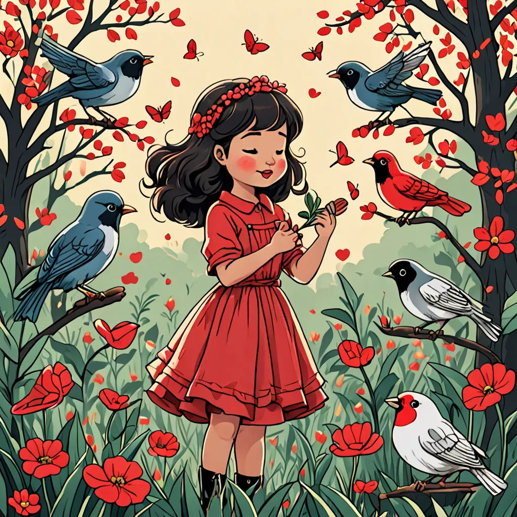 a girl in a red dress standing in a field of flowers with birds around her and a red background, context art, a storybook illustration, Claire Hummel, storybook illustration