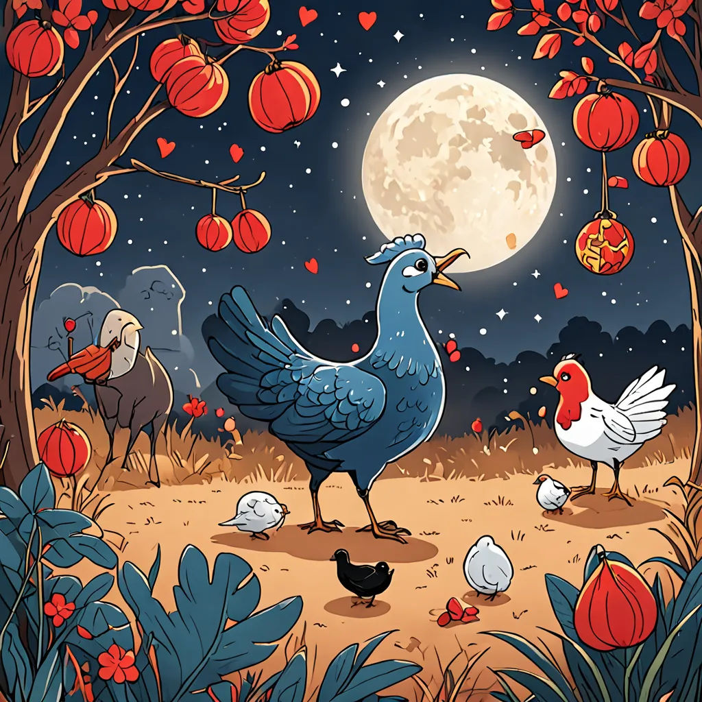 a painting of a bird and chickens in a field with a full moon in the background and lanterns in the sky, lyco art, a storybook illustration, Chris LaBrooy, detailed illustration