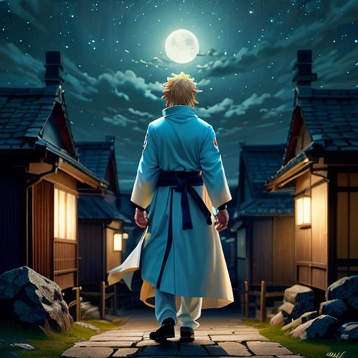 a man in a blue robe walking towards a house at night with a full moon in the sky above him