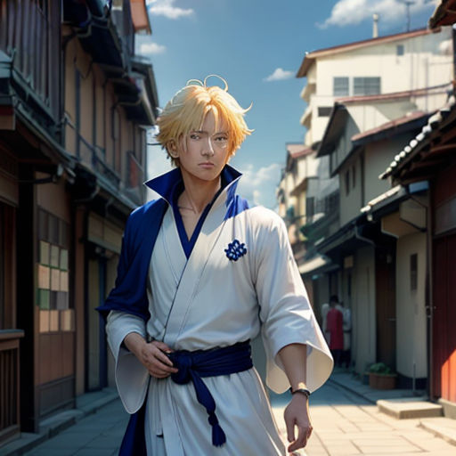 a man in a kimono walking down a street in a town with buildings and a sky background in the background