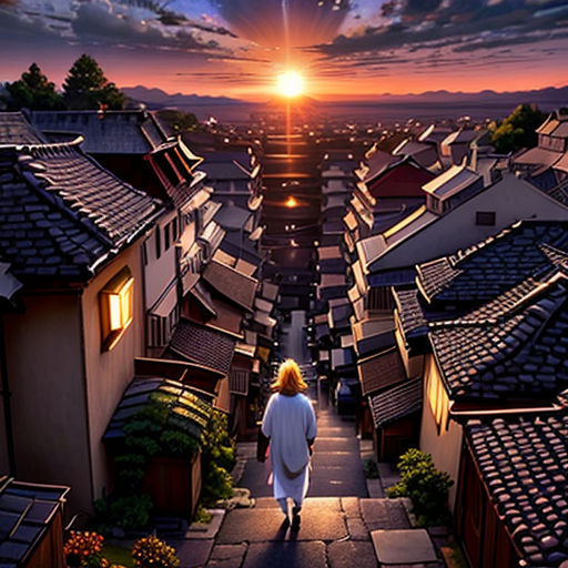 a woman walking down a street next to a sunset over a city with rooftops and houses on either side