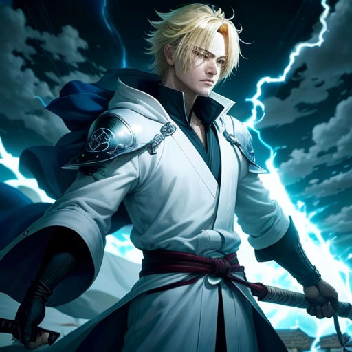 a man in a white outfit holding a sword and lightning behind him, with a lightning behind him and a cloud in the sky