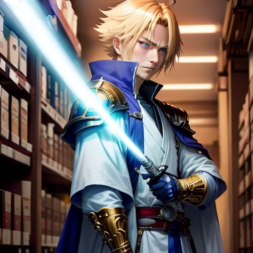 a man in a library holding a sword and a light saber in his hand, with a library full of books behind him