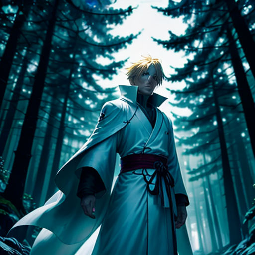 a man in a white robe standing in a forest with trees in the background and a moon in the sky