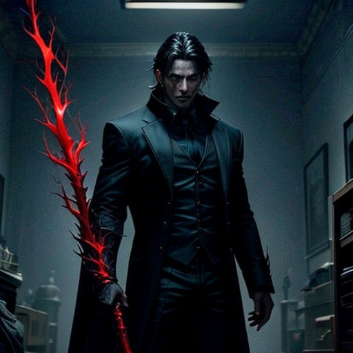 a man in a dark room holding a red stick with blood on it and a red light coming from the top of his head