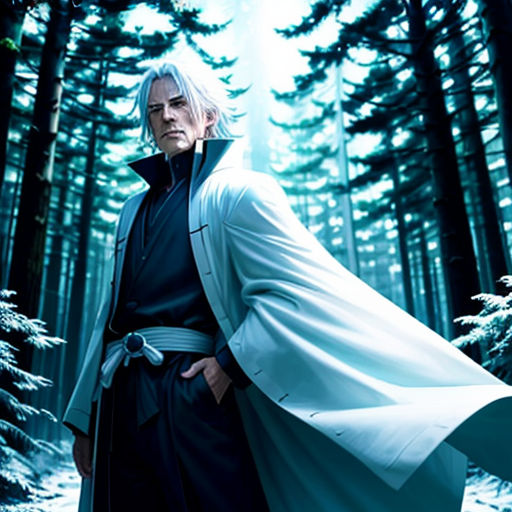 a man in a white robe standing in the woods with a sword in his hand and a sword in his hand