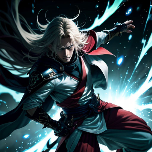a woman in a red and white outfit with a sword in her hand and a blue background with stars