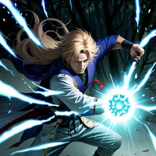 a man holding a sword in his hand with blue lights coming out of it and a green light coming out of his hand
