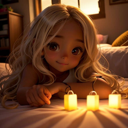 a little girl laying on a bed with three lit candles in front of her face and a window behind her