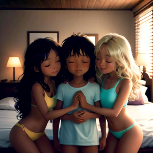 three girls in a bedroom with a bed and a window behind them, all looking at their cell phones