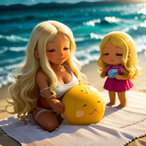a couple of dolls sitting on top of a towel on a beach next to the ocean and a girl