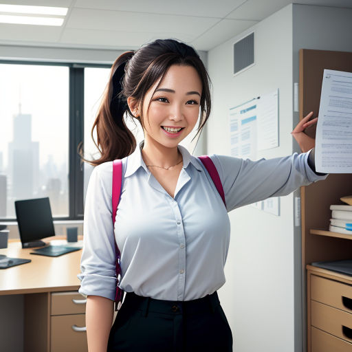 a woman in a white shirt and black pants holding a piece of paper in her hand and smiling at the camera