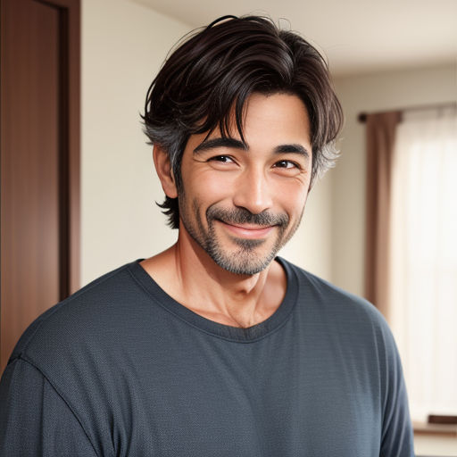 a man with a mustache and a beard smiling at the camera in a room with a window and a curtain