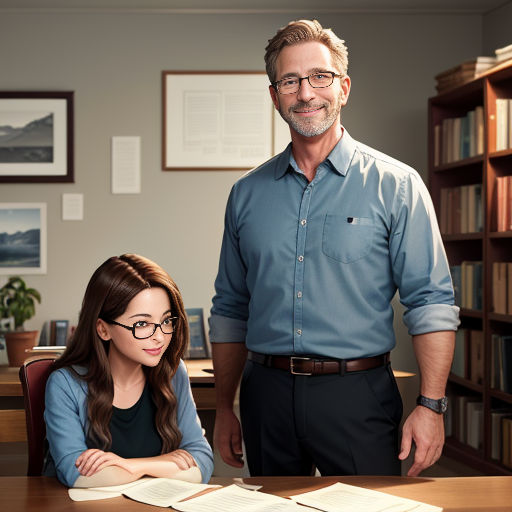 a man and a woman standing in front of a desk with books on it and a bookcase behind them