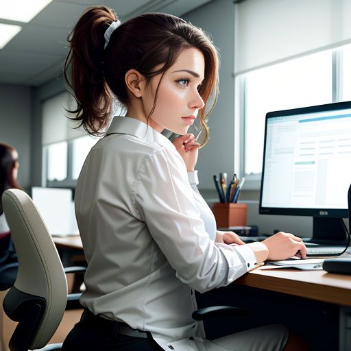 a woman sitting at a desk with a computer and a pen in her hand and a monitor on her desk