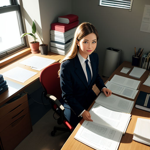 a woman sitting at a desk with a lot of papers on it and a laptop on the desk next to her