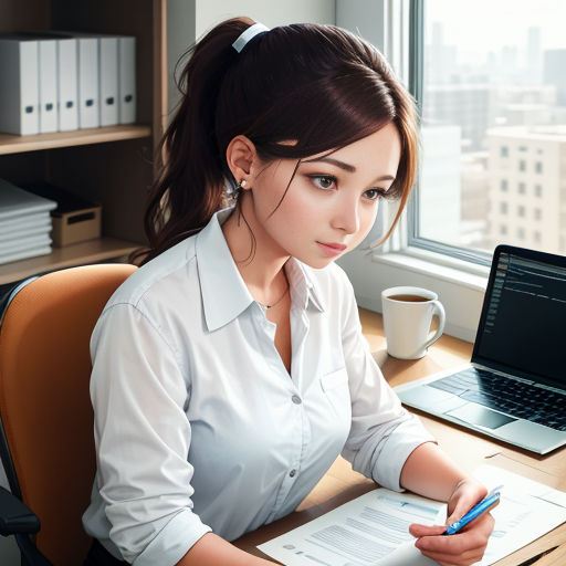 a woman sitting at a desk with a laptop and a pen in her hand and a notebook in front of her