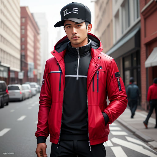 a man in a red jacket and hat standing on a street corner in a city with buildings and people