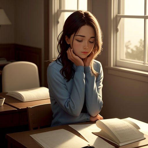 a woman sitting at a desk with a book and a pen in her hand and a book on the desk