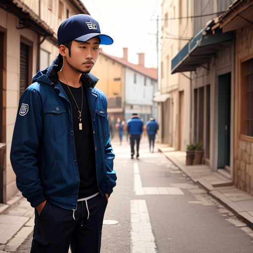 a man standing on a street with a hat on his head and a blue jacket on his shoulders and a black shirt on