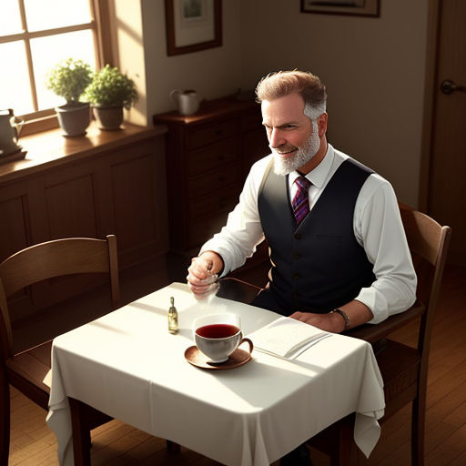 a man sitting at a table with a cup of coffee and a bottle of wine in front of him