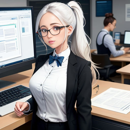a woman in a suit and glasses standing in front of a computer screen with a keyboard and mouse in front of her