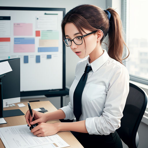 a woman in a tie and glasses writing on a piece of paper at a desk with a computer monitor