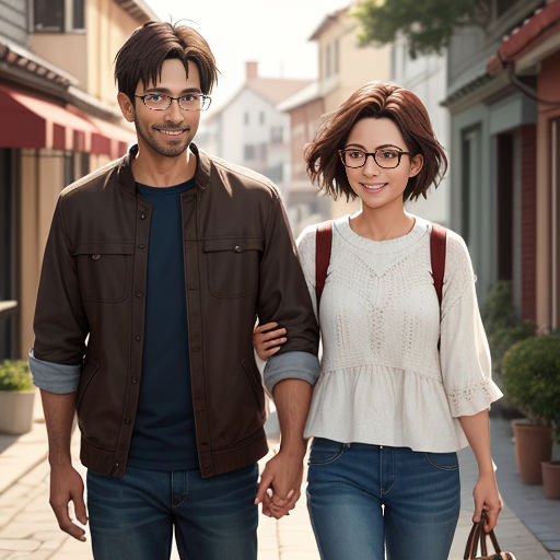 a man and woman walking down a street holding hands and smiling at the camera with a shopping bag in hand
