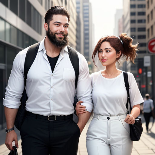 a man and woman walking down a street together, with a man with a beard and a woman with a ponytail
