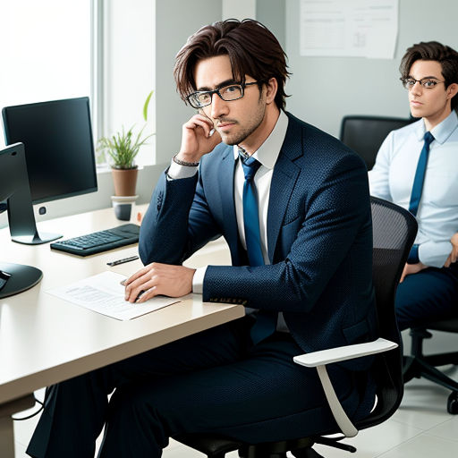 a man in a suit sitting at a desk with a computer and a monitor on it, while another man in a suit sits at a desk