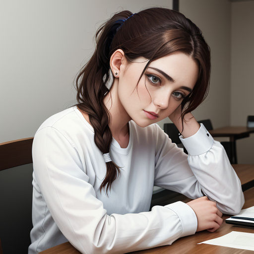 a woman sitting at a table with a laptop computer in front of her face and a pen in her hand