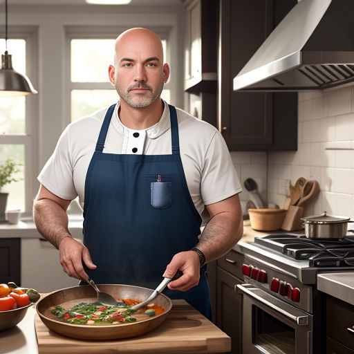 a man in an apron is cooking in a kitchen with a pan of food on the counter and a bowl of vegetables on the counter
