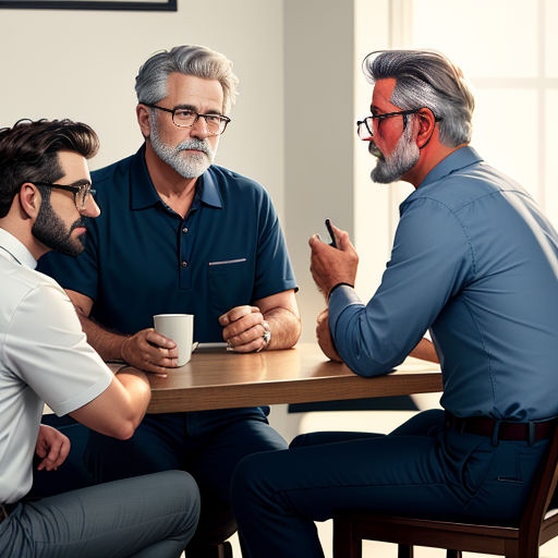 three men sitting at a table talking to each other and drinking coffee and talking to each other with a man in the middle