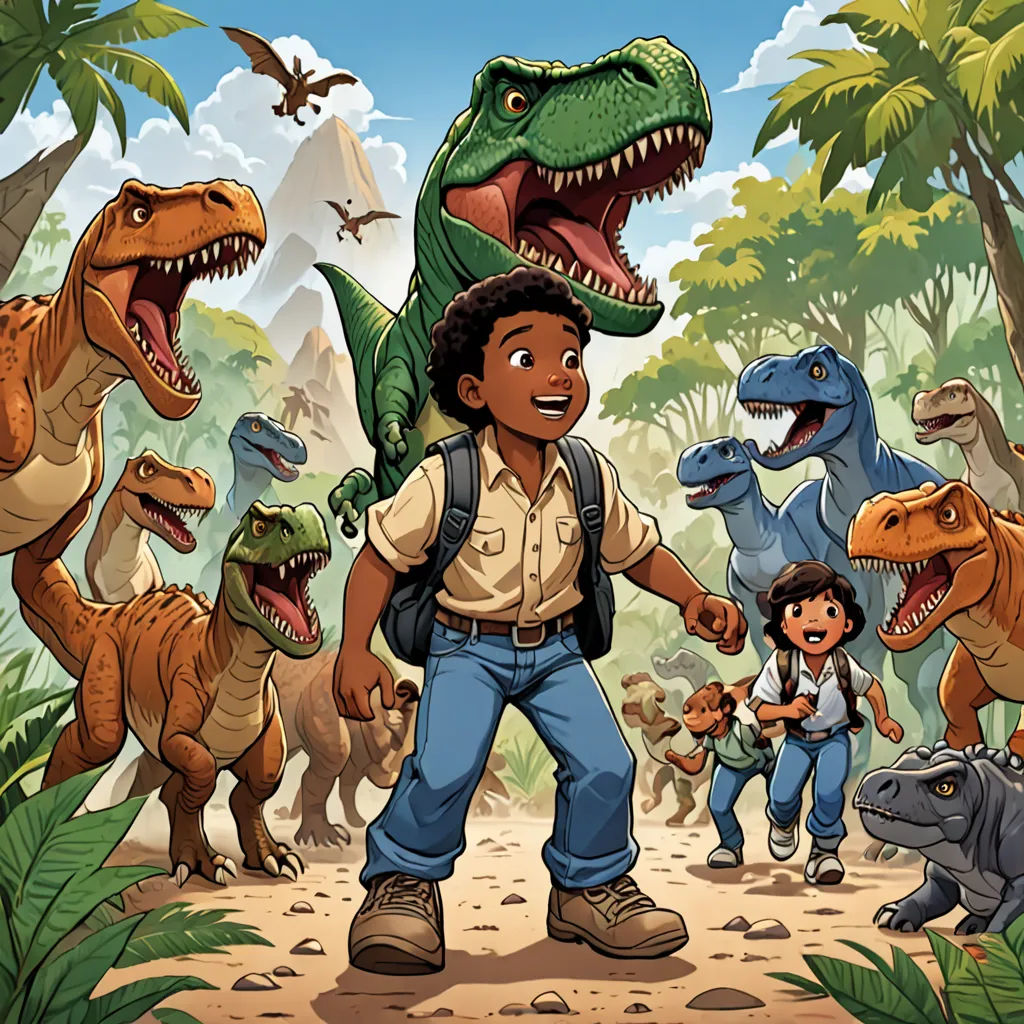 a boy and a boy are walking in front of a group of dinosaurs and dinosaurs in the jungle with a man holding a child's hand, process art, a storybook illustration, Adam Rex, comic cover art