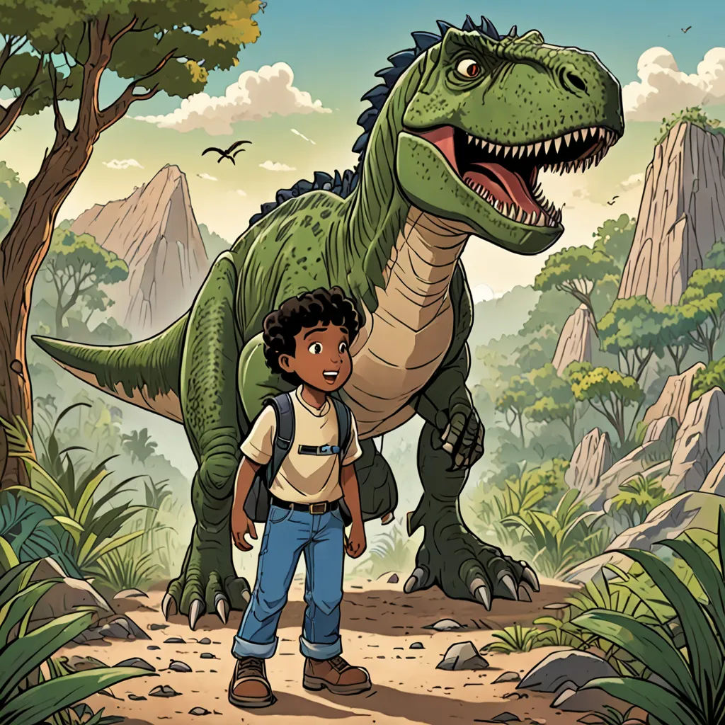 a boy and a dinosaur in a jungle with mountains and trees in the background, with a mountain range in the background, process art, a storybook illustration, Adam Rex, comic cover art