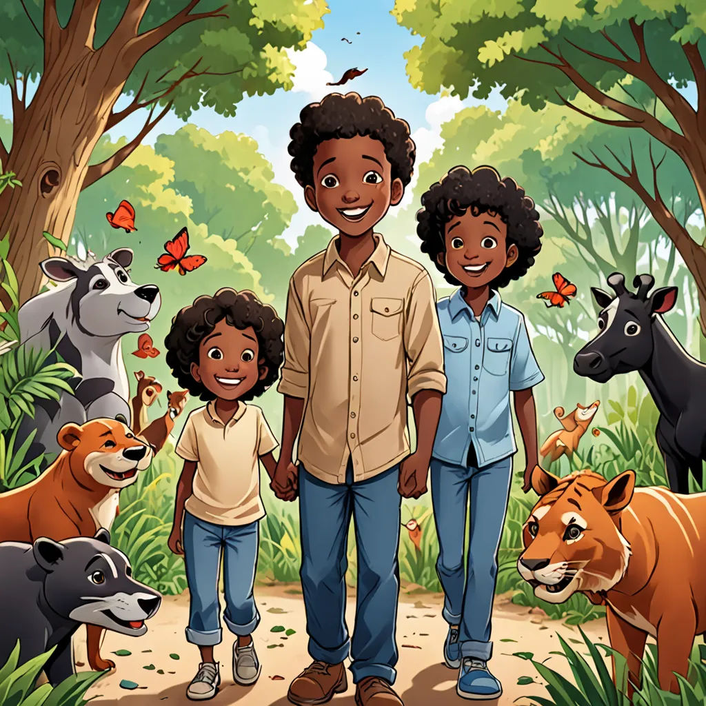 a man and a woman standing in front of a forest with animals and butterflies on the trees and grass, lyco art, a storybook illustration, Chinwe Chukwuogo-Roy, comic cover art