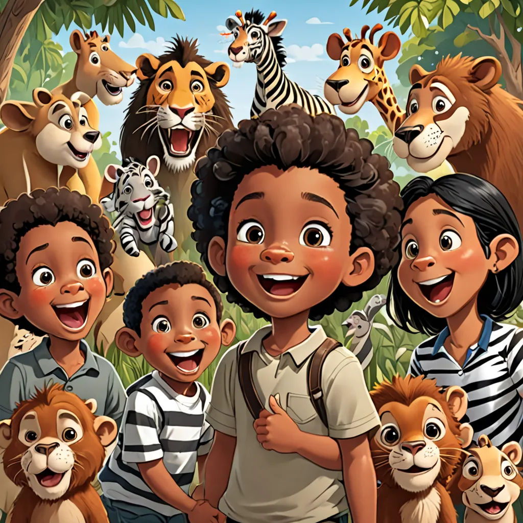 a group of children standing in front of a jungle scene with animals and a lion on the background of the image, serial art, a storybook illustration, disney, promotional image