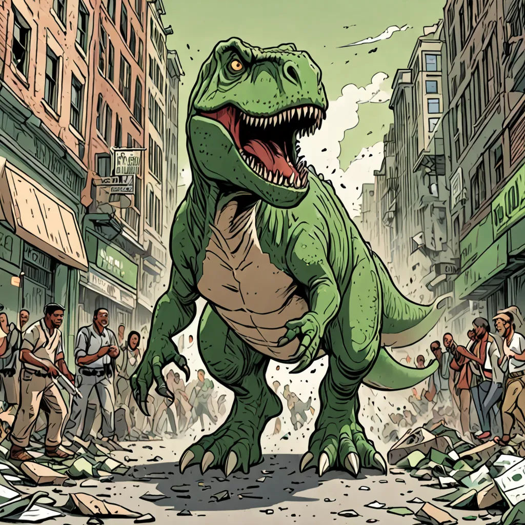 a cartoon of a dinosaur in a city street with people around it and a crowd of people standing around, underground comix, a comic book panel, Adam Rex, comic cover art